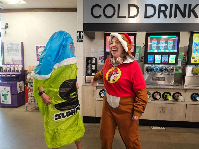 Study tour participants having fun in a convenience store